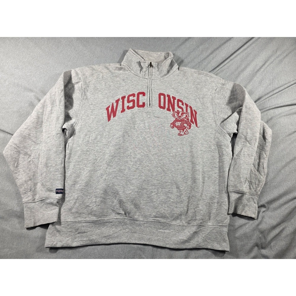 VTG Wisconsin Badgers Jansport Sweatshirt Large Pullover 1/4 Zip DISTRESSED